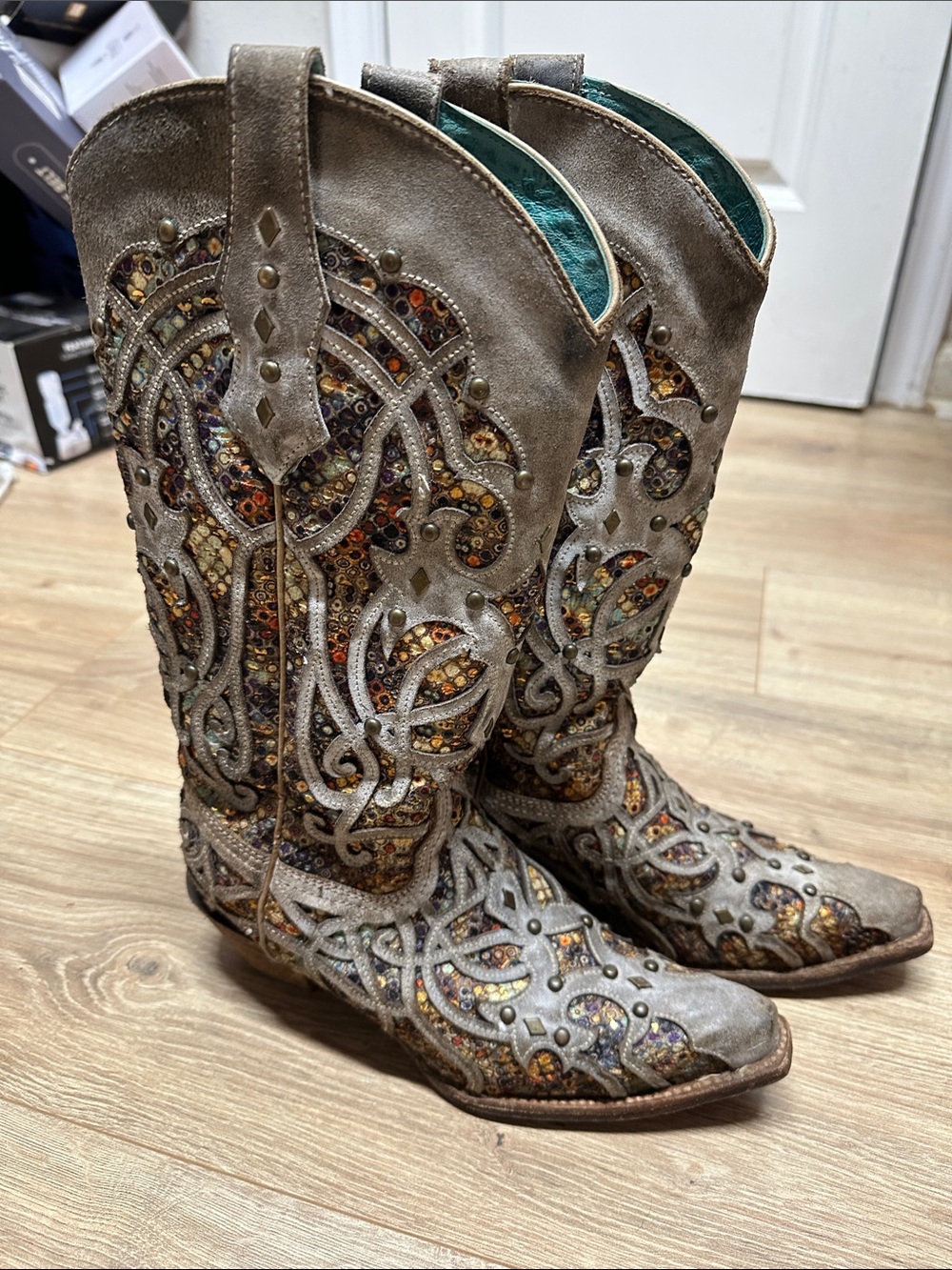 Corral Taupe Suede Embellished Western Boots with Multicolor Accents